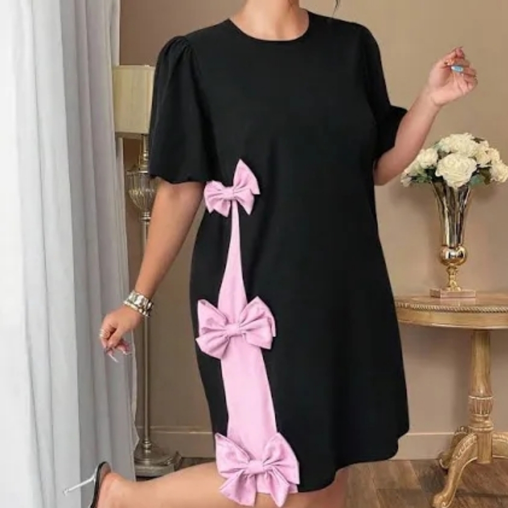 Shein Black Dress with Pink Bow Accents & Puff Sleeves, Size 1X